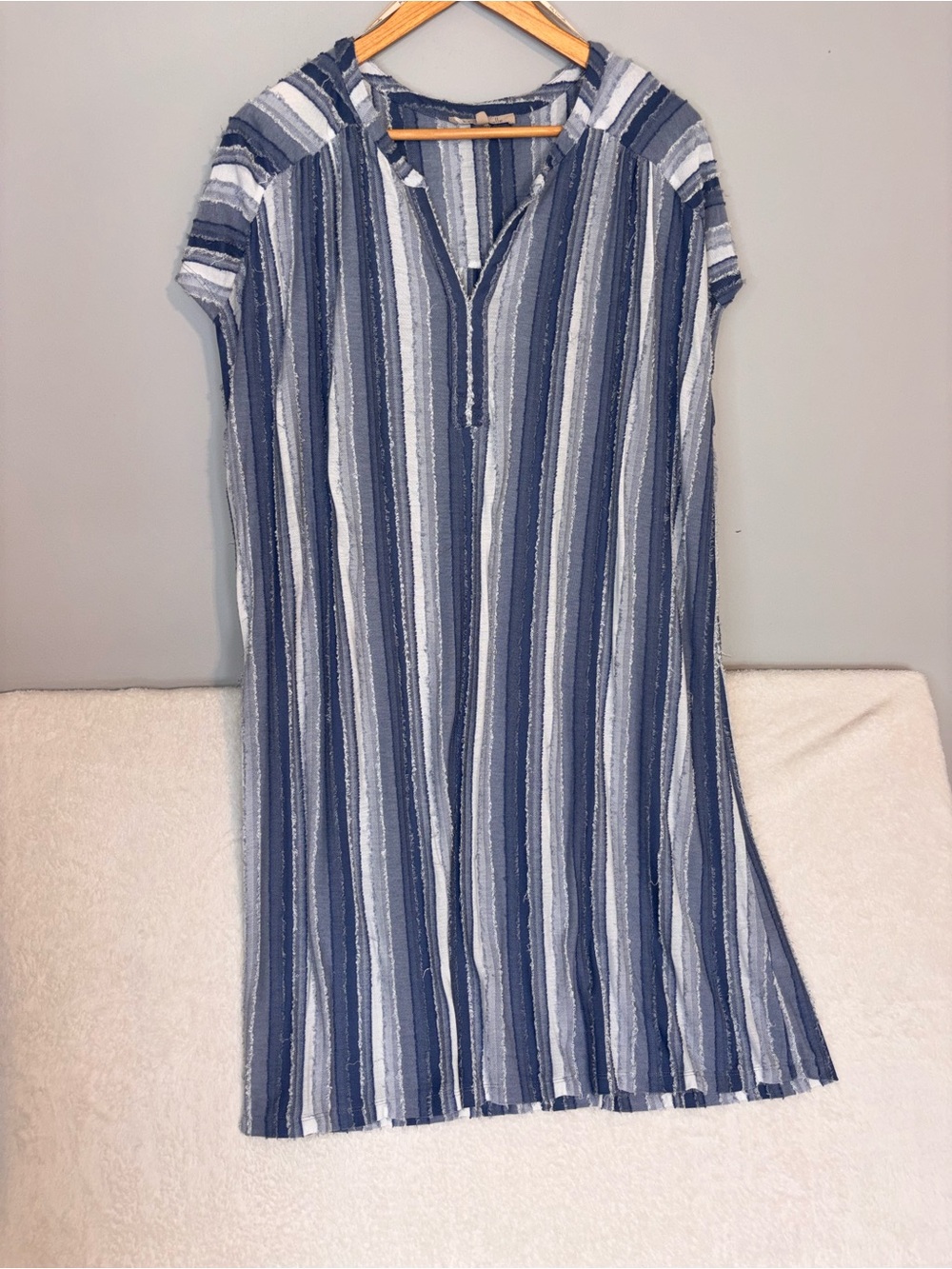 EUC! Blue and White Striped Midi Dress boho beach Casual cap sleeve Size XXL